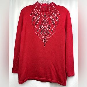 Once Again Bejeweled Design Metallic Red Long Sleeve Mock Neck Sweater Size Med